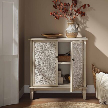 Whitewashed Hand-Carved Small Sideboard – Vintage Distressed Finish
