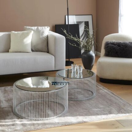 Set of 2 Glass Top Coffee Tables Silver Finish