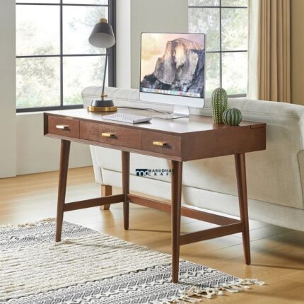 Solid Wood Study Table / Office Desk with 3 Drawers – Mid-Century Modern Writing Desk