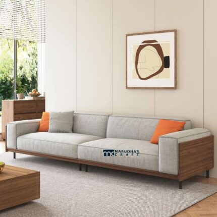 Four-Seater Cotton Linen Fabric Sofa with Solid Wood Frame and Cushioned