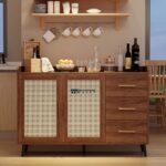 Bar Cabinet with 3 Drawers and Woven Rattan Doors for Home