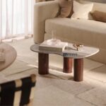 Mango wood Small organically shaped marble coffee table beige