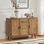 Solid Wood Cane Front Sideboard Cabinet with Storage – Walnut Finish