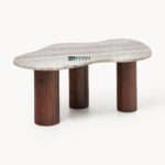 Mango wood Small organically shaped marble coffee table beige - Image 3
