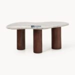 Mango wood Small organically shaped marble coffee table beige - Image 4