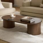 Solid Oak Wood Oval Coffee Table Dark brown lacquered oak wood
