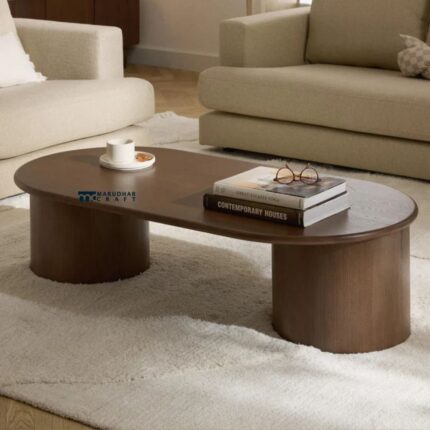 Solid Oak Wood Oval Coffee Table Dark brown lacquered oak wood