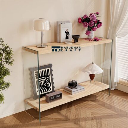 Modern Console Entryway Table with Tempered Glass Top and Strong Frame