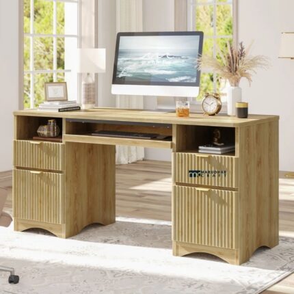 Solid Wood Study Table with Storage Cabinets