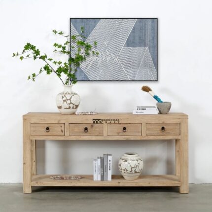 Solid Wood Console Table with Drawers & Open Shelf – Natural Finish