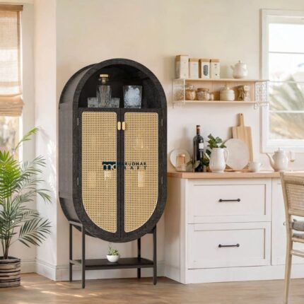 Wine Cabinet with Rattan Door and Storage for Living Room and Dining Area
