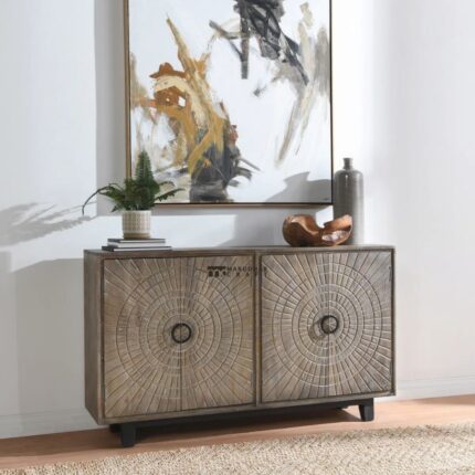 Solid Wood Designer Sideboard Cabinet with Sunburst Carving – Grey Wash Finish