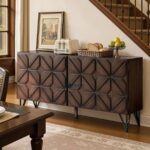 Solid Wood Designer Sideboard Cabinet with Geometric Carved Front – Dark Walnut Finish