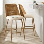 Upholstered Bouclé Rattan Full Back Bar Stool Set of Two