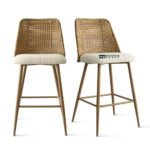 Upholstered Bouclé Rattan Full Back Bar Stool Set of Two - Image 2