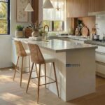 Upholstered Bouclé Rattan Full Back Bar Stool Set of Two - Image 5