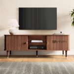 Walnut TV Stand with Cabinet Doors for Large TVs in Mid Century Modern Style