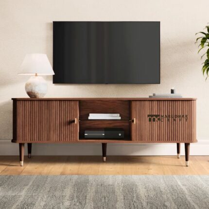 Walnut TV Stand with Cabinet Doors for Large TVs in Mid Century Modern Style