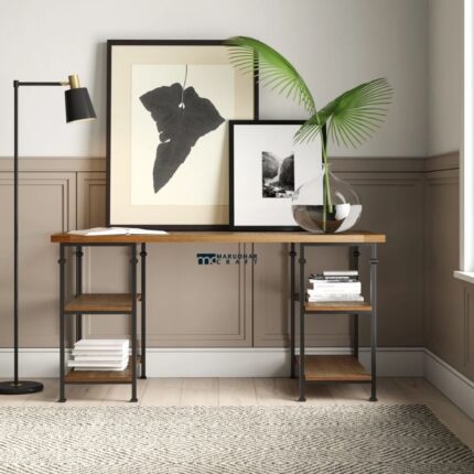 Wood & Metal Study Table with Storage Shelves