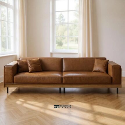 Mid Century Modern Four-Seater Leather Sofa with Wide Armrests