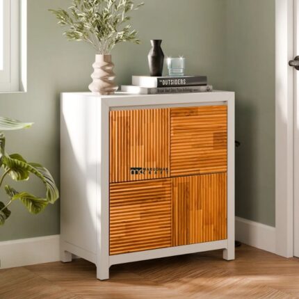 Solid Wood Accent Storage Cabinet with Fluted Panels – White & Natural Finish