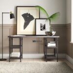 Dark Wood & Metal Study Table with Storage Shelves