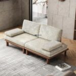 Minimalist Wooden Platform Sofa Cum Bed with Striped Upholstery - Image 2