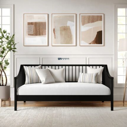 Modern Slatted Wooden Daybed with Black Finish