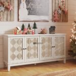 Solid Wood Designer Sideboard with Geometric Carved Doors – White Washed Finish