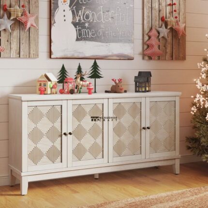 Solid Wood Designer Sideboard with Geometric Carved Doors – White Washed Finish