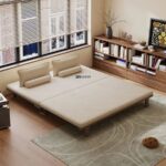 Low-Profile Wooden Platform Bed with Cushioned Backrests