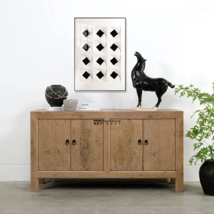 Solid Wood Sideboard Cabinet with Distressed Finish – Rustic Natural Wood