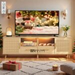 Large Wooden TV Stand with Natural Rattan Detailing and Spacious Storage