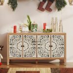 Hand-Carved Solid Wood Sideboard with Ornate Floral Panels – Natural & White Finish