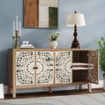 Hand-Carved Solid Wood Sideboard with Ornate Floral Panels – Natural & White Finish - Image 3