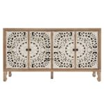 Hand-Carved Solid Wood Sideboard with Ornate Floral Panels – Natural & White Finish - Image 2