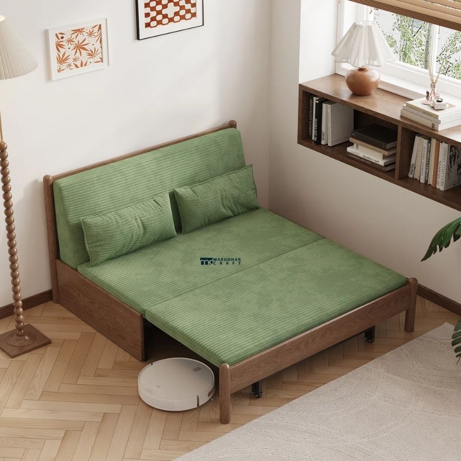 196 Compact Wooden Sofa Cum Bed with Ribbed Fabric Mattress - Image 1
