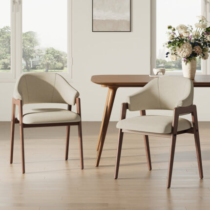 Set of 2 Modern Linen Upholstered Dining Armchairs with Solid Wood Legs