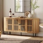 Modern Slatted Solid Wood Sideboard Cabinet – Natural Finish with Metal Legs