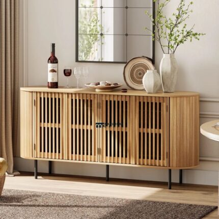 Modern Slatted Solid Wood Sideboard Cabinet – Natural Finish with Metal Legs