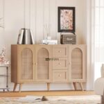 Modern Cane Panel Sideboard with Drawers – Natural Wood Finish