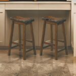 Solid Wood Saddle Seat Bar Stool for Kitchen Counter & Bar – Brown Finish (Set of 2)
