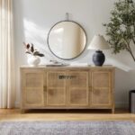 Natural Cane Front Wooden Sideboard Cabinet – Mid-Century Modern Style