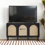 Arched Cane Front TV Unit – Black Wooden Media Console