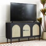 Arched Cane Front TV Unit – Black Wooden Media Console - Image 3