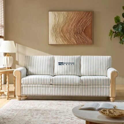 Classic Striped Fabric Sofa with Rolled Arms and Solid Wood Spindle Legs