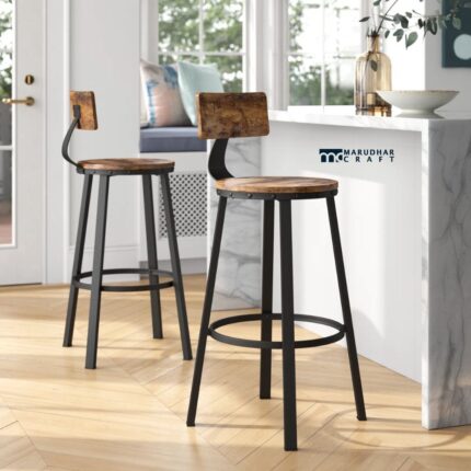 Solid Wood & Metal Bar Stool Set of 2 for Kitchen & Bar Seating