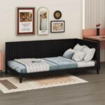 Modern Slatted Wood Daybed Sofa with Armrest (Matte Black Finish) - Image 4