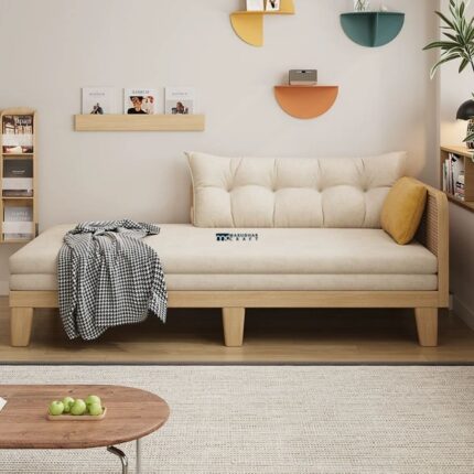 Scandinavian Solid Wood Daybed Sofa with Tufted Upholstery (Natural Beige)