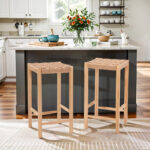 Rattan Weave Bar Stools with Solid Wood Support Frame (Set of 2)